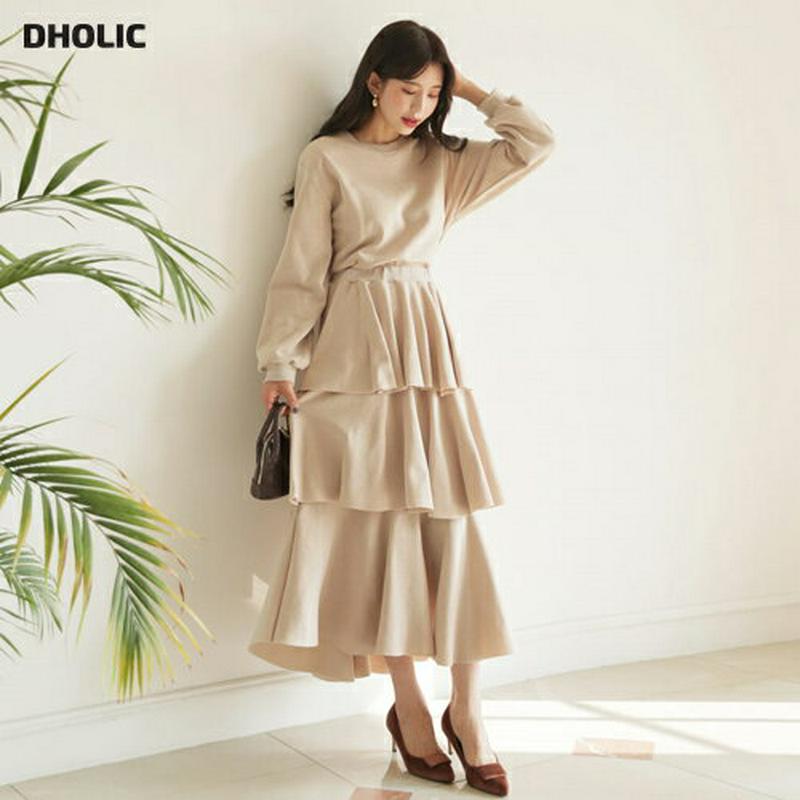 【新作10%OFF】裏起毛スウェット&スカートSET・全2色・b61129 レディース【ops】【韓国 ファッション セットアップ setup スウェット 長袖 ロングスリーブ ラウンドネック スカート ロングスカート ティアード ウエストゴム 裏起毛 シンプル 単色 無地 大人 秋 冬】