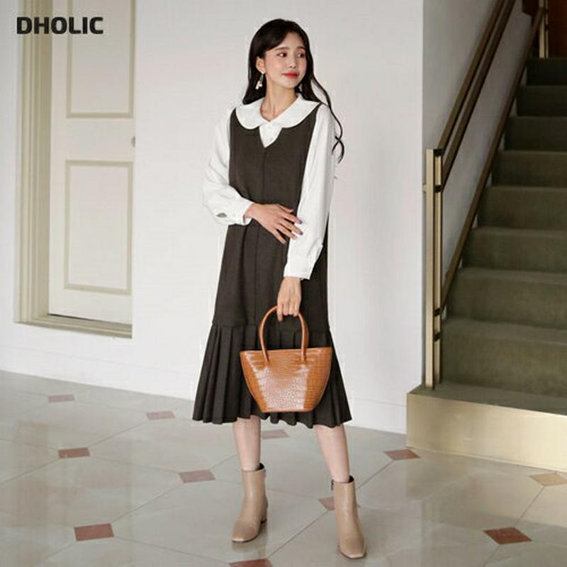 【新作10%OFF】Vネックプリーツヘムワンピース・全3色・t61127 レディース【ops】【韓国 ファッション ワンピース ミディワンピース ロングワンピース Vネック スリーブレス プリーツ ウール混 Hライン レイヤード 揺れ感 大人 上品 秋 冬】