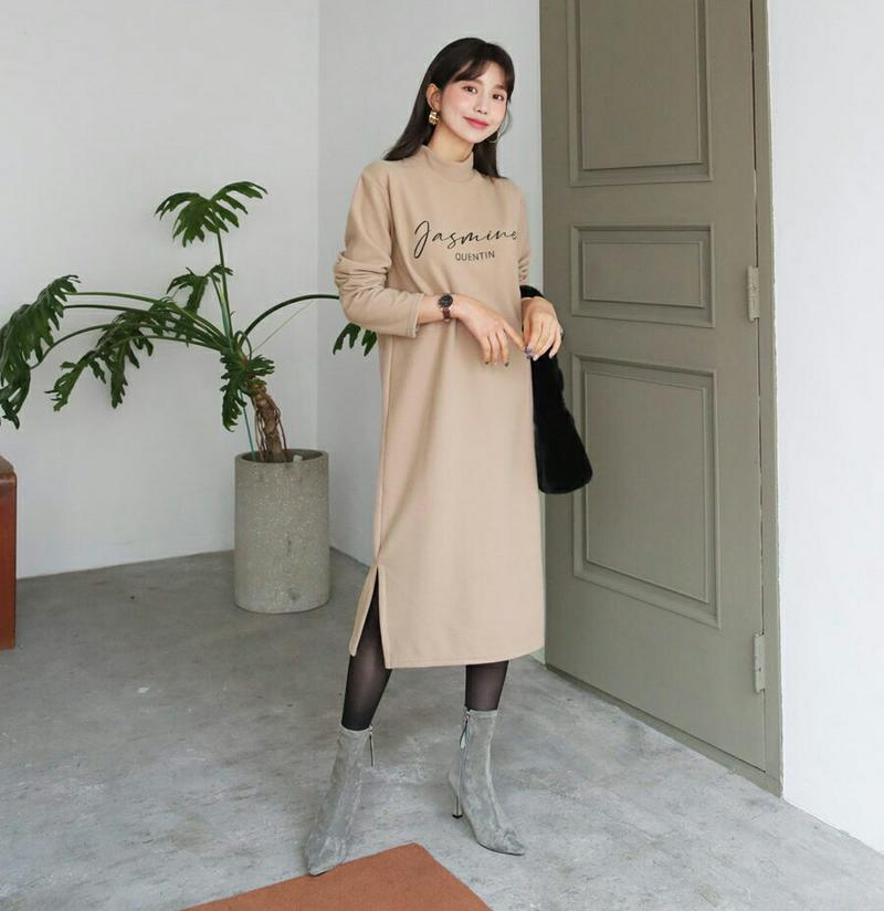 【新作10%OFF】起毛レタリングワンピース・全4色・b61153 レディース【ops】【韓国 ファッション ワンピース ミディワンピース 長袖 ロングスリーブ ハーフネック ロゴ レタリング 裏起毛 シンプル カジュアル ルーズ ゆったり 秋 冬】