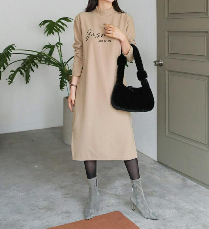 【新作10%OFF】起毛レタリングワンピース・全4色・b61153 レディース【ops】【韓国 ファッション ワンピース ミディワンピース 長袖 ロングスリーブ ハーフネック ロゴ レタリング 裏起毛 シンプル カジュアル ルーズ ゆったり 秋 冬】