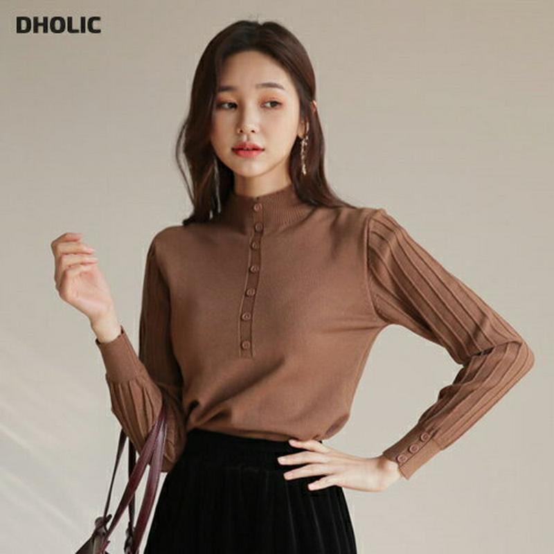 【新作10%OFF】スリーブラインボタンニット・全2色・b61151 レディース【tops】【韓国 ファッション トップス ニット ニットトップス ロングスリーブ 長袖 ボタン ハーフネック リブ ライン シンプル カジュアル 単色 大人 上品 秋 冬】
