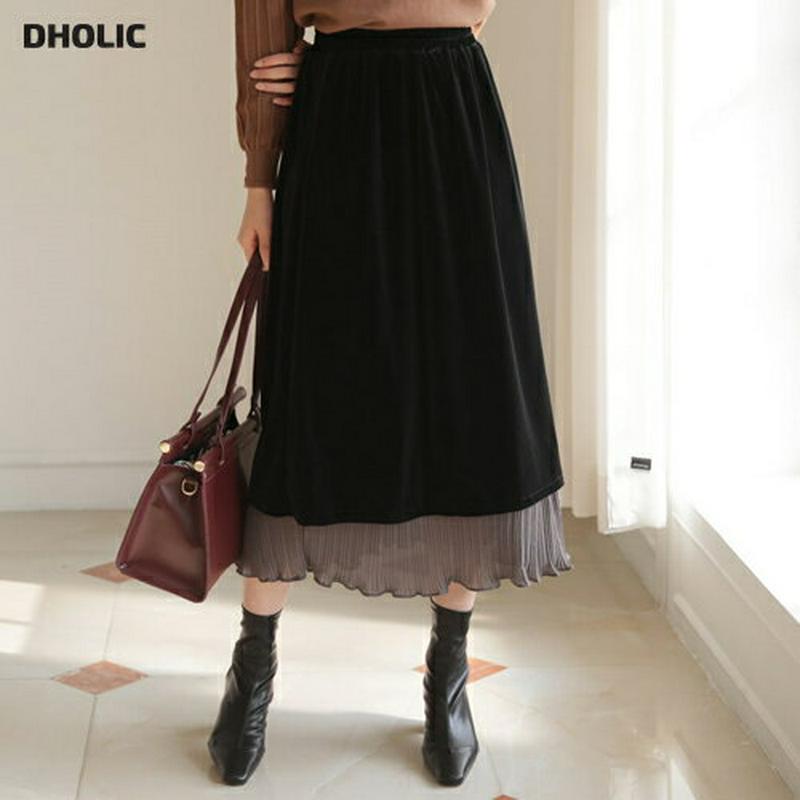 【只今10%OFF】プリーツヘムベロアスカート・全2色・t61141 レディース【sk】【韓国 ファッション ボトムス スカート ロング丈 ロングスカート ベロア ベロアスカート プリーツ レイヤード風 ウエストゴム 楽ちん シンプル 大人 上品 秋 冬】