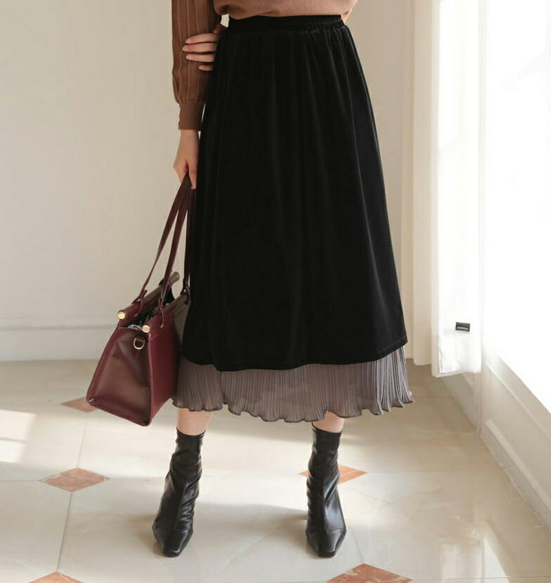 【只今10%OFF】プリーツヘムベロアスカート・全2色・t61141 レディース【sk】【韓国 ファッション ボトムス スカート ロング丈 ロングスカート ベロア ベロアスカート プリーツ レイヤード風 ウエストゴム 楽ちん シンプル 大人 上品 秋 冬】