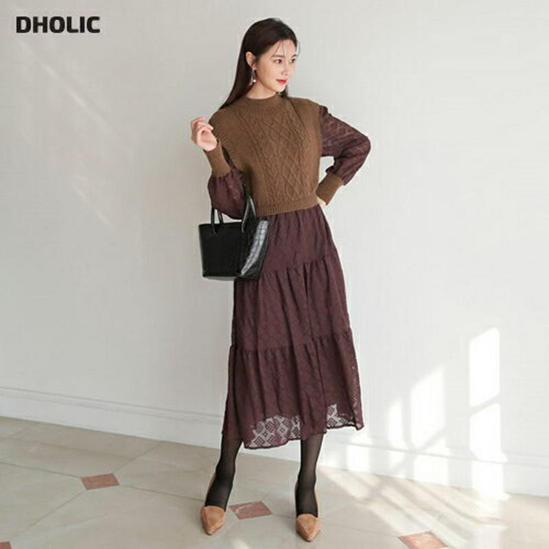 【新作10%OFF】ニットコントラストレースワンピース・全3色・t61124 レディース【ops】【韓国 ファッション ワンピース ロングワンピース 長袖 ロングスリーブ ハーフネック ニット ツイスト レース コントラスト 透け感 シアー 大人 上品 フェミニン 秋 冬】