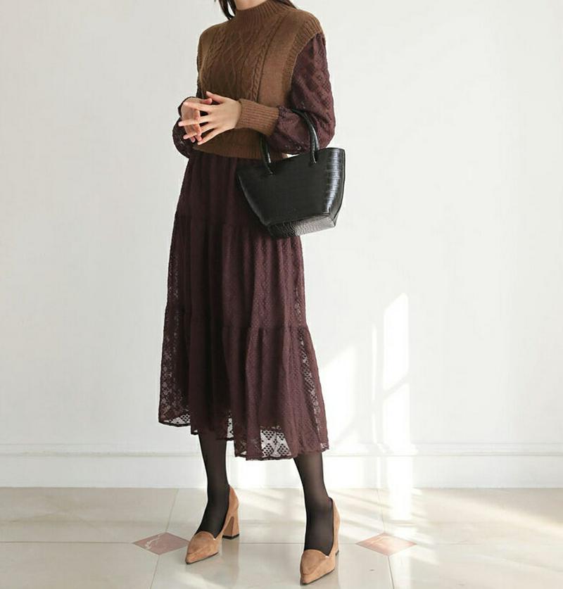 【新作10%OFF】ニットコントラストレースワンピース・全3色・t61124 レディース【ops】【韓国 ファッション ワンピース ロングワンピース 長袖 ロングスリーブ ハーフネック ニット ツイスト レース コントラスト 透け感 シアー 大人 上品 フェミニン 秋 冬】