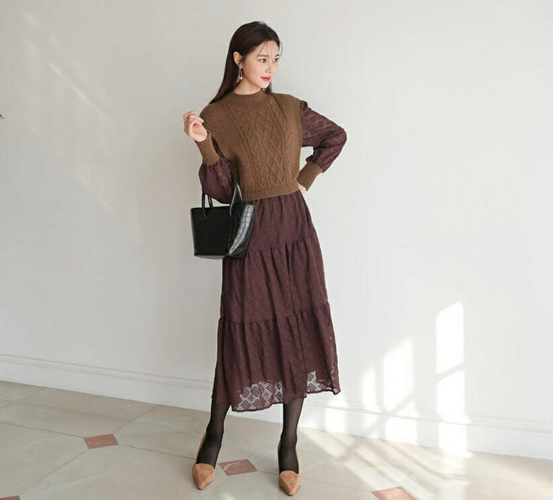 【新作10%OFF】ニットコントラストレースワンピース・全3色・t61124 レディース【ops】【韓国 ファッション ワンピース ロングワンピース 長袖 ロングスリーブ ハーフネック ニット ツイスト レース コントラスト 透け感 シアー 大人 上品 フェミニン 秋 冬】