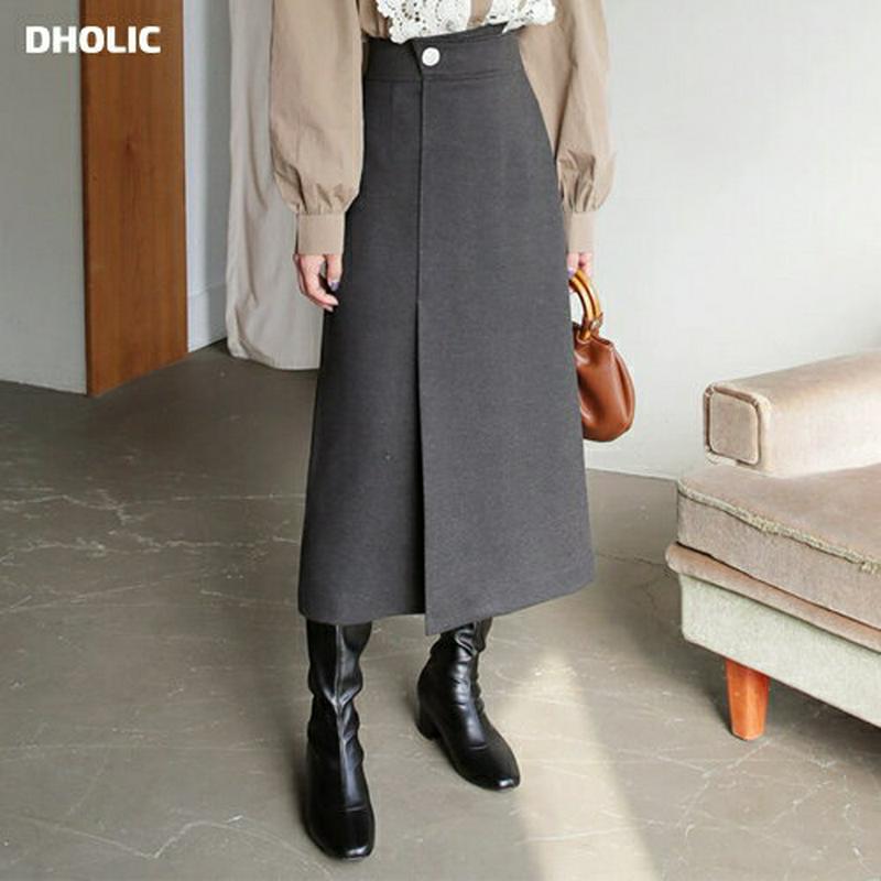 【新作10%OFF】ボタンHラインスカート・全2色・t61140 レディース【sk】【韓国 ファッション ボトムス スカート ロング丈 ロングスカート Hライン Hラインスカート ボタン スリット シンプル 単色 無地 上品 大人 フェミニン 秋 冬】