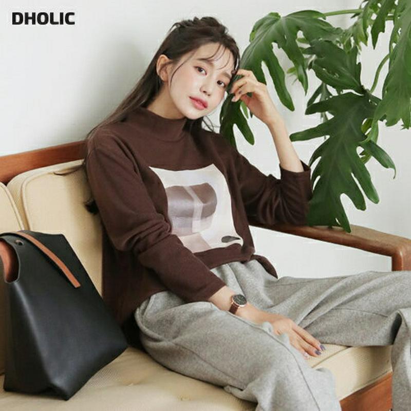【新作10%OFF】裏起毛ハーフネックプリントTシャツ・全4色・b61120 レディース【tops】【韓国 ファッション トップス Tシャツ ロングスリーブ 長袖 ハーフネック スクエア プリント 裏起毛 シンプル カジュアル ゆったり ラフ 秋 冬】