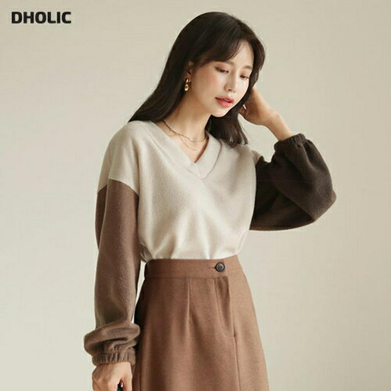 【新作10%OFF】配色VネックTシャツ・全2色・t61119 レディース【tops】【韓国 ファッション トップス Tシャツ 長袖 ロングスリーブ Vネック 鎖骨 デコルテ コントラスト 配色 ソフト シンプル カジュアル ゆったり 秋 冬】