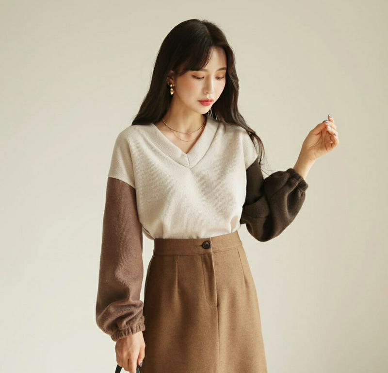 【新作10%OFF】配色VネックTシャツ・全2色・t61119 レディース【tops】【韓国 ファッション トップス Tシャツ 長袖 ロングスリーブ Vネック 鎖骨 デコルテ コントラスト 配色 ソフト シンプル カジュアル ゆったり 秋 冬】