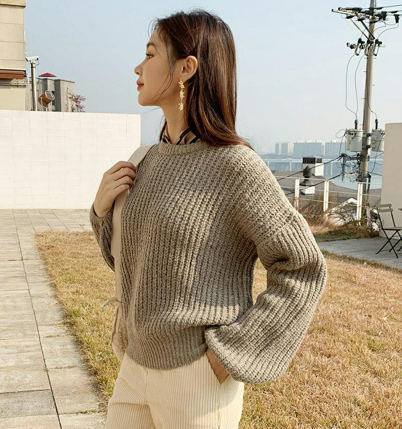 【只今10%OFF】ラウンドネックパフニット・全4色・t61114 レディース【tops】【韓国 ファッション トップス ニット ニットトップス パフスリーブ 長袖 ラウンドネック ボリューム袖 シンプル カジュアル 無地 ゆったり ラフ 秋 冬】