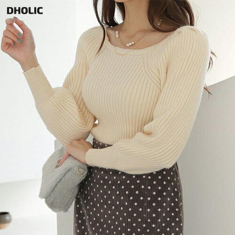 【新作10%OFF】リブスクエアパフニット・全3色・t65273 レディース 【tops】【韓国 ファッション トップス ニット デコルテ 長袖 リブニット パフスリーブ ぼわん袖 ボリューム袖 スリム 細身 無地 フェミニン カジュアル 秋 冬】【ハイホリHIHOLLI】