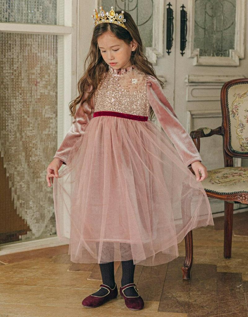 【キッズ20%OFF】【送料無料】キラキラベロアワンピース・u08746 キッズ【3~8才】【ops】【ワンピース ロング ロングワンピース キラキラ ベロア ベロアワンピース 長袖 スパンコール チュール かわいい 女の子 秋 冬 韓国 韓国子供服 子供 こども 子供服 こども服】【KIDS】