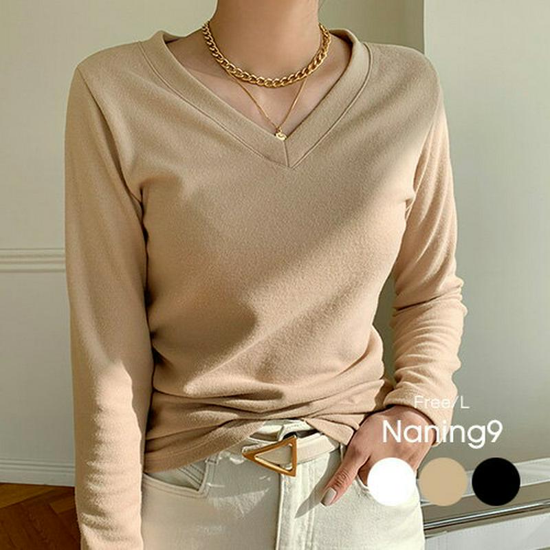 NANING9(ナンニング)スリムフィットVネック長袖Tシャツ【11/26up_go】Vネック　ロンT　長袖　Tシャツ　無地　トップス　冬　カジュアル　【5】