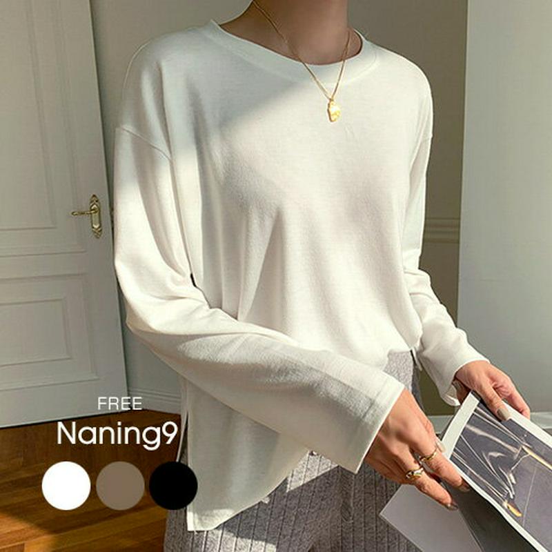 NANING9(ナンニング)サイドスリット起毛長袖Tシャツ【11/26up_go】サイドスリット　Tシャツ　長袖　カットソー　起毛　起毛トップス　冬　カジュアル　【5】