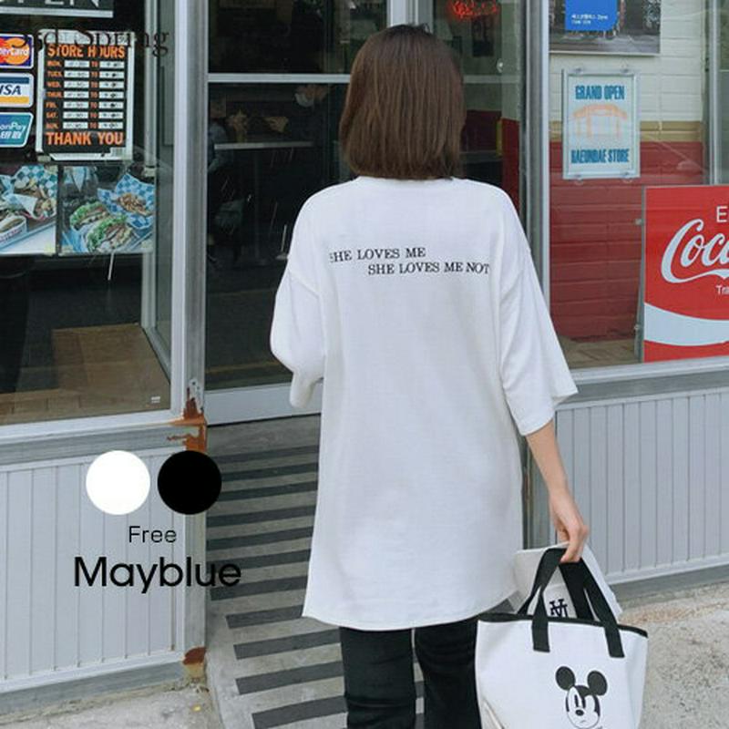 MAYBLUE(メイブルー)レタリング刺繍ビッグTシャツ【11/25up_go】サイドスリット　レタリング　バックプリント　刺繍　サイドスリット　5分袖【5】