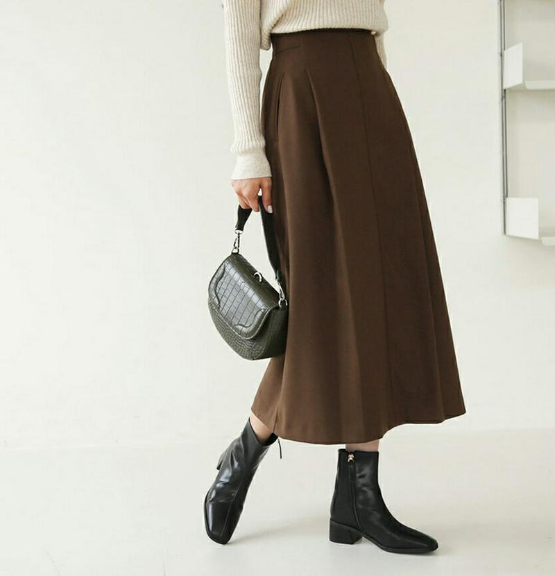 タックポケットスカート・全2色・t61947 レディース 【sk】【韓国 ファッション ボトムス スカート ロング Aライン フレア 無地 ツータック ビンテージ 端正 カジュアル 秋 冬】