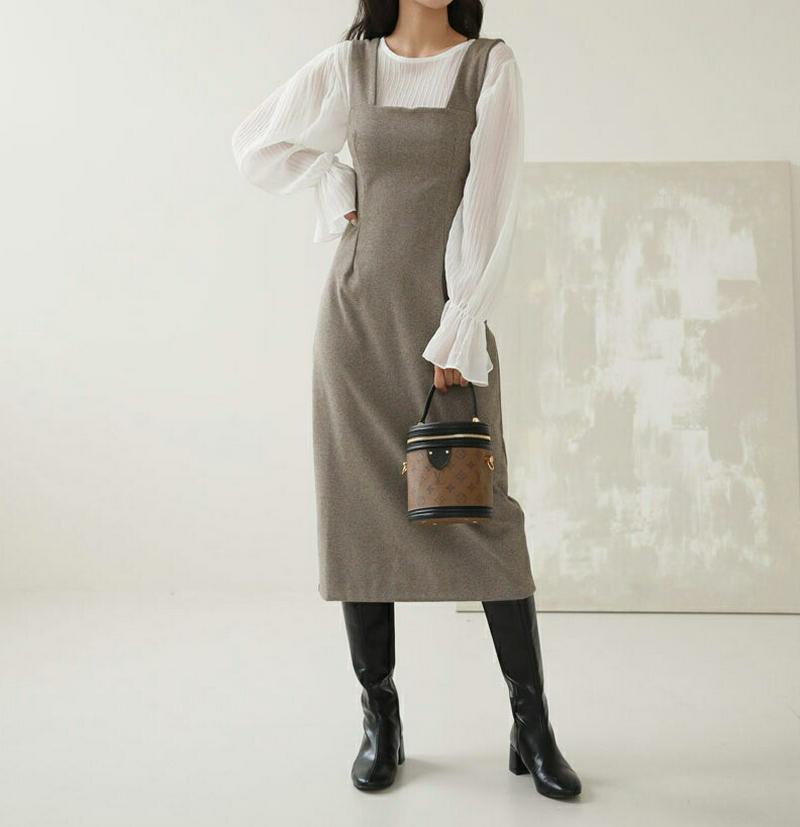 ヘリンボーンスリーブレスワンピース・全3色・t61999 レディース 【ops】【韓国 ファッション ワンピース ロング Hライン ノースリーブ スクエアネック スリム 細身 無地 カジュアル 秋 冬】