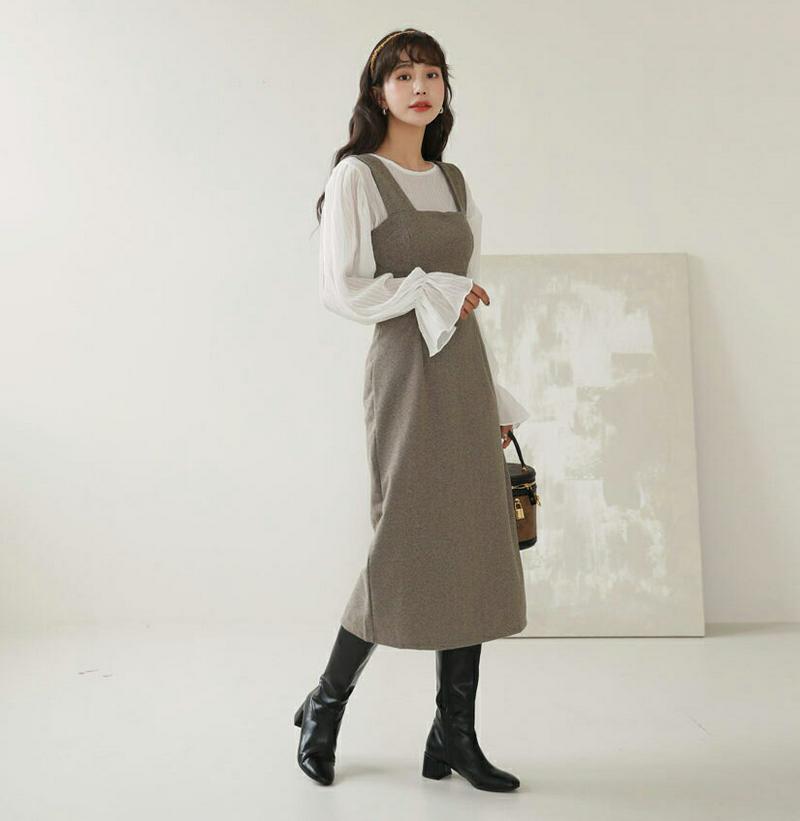 ヘリンボーンスリーブレスワンピース・全3色・t61999 レディース 【ops】【韓国 ファッション ワンピース ロング Hライン ノースリーブ スクエアネック スリム 細身 無地 カジュアル 秋 冬】