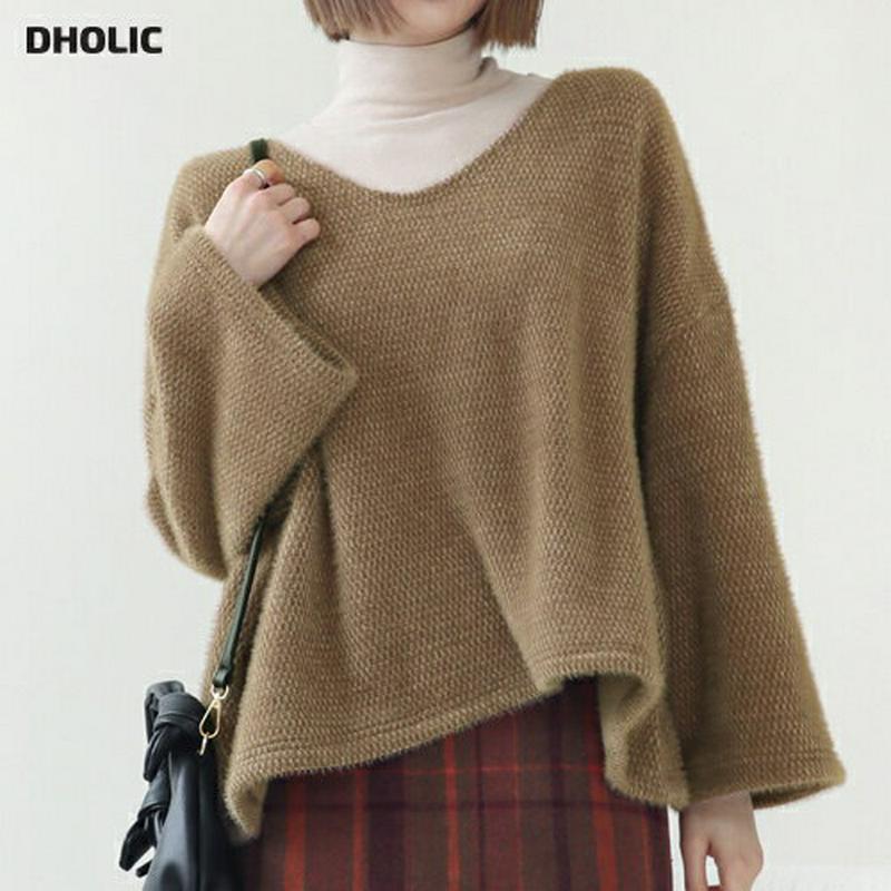 VネックボクシーTシャツ・全3色・t61961 レディース 【tops】【韓国 ファッション トップス ニット 長袖 ルーズ ゆったり 体型カバー 無地 デイリー カジュアル 秋 冬】