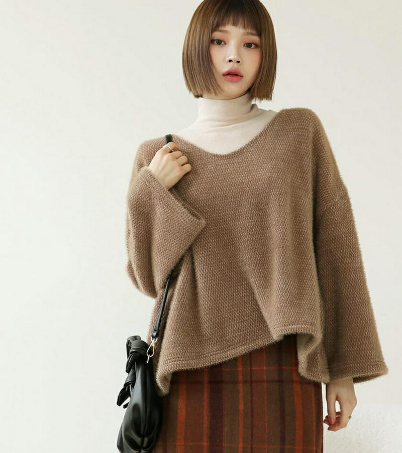 VネックボクシーTシャツ・全3色・t61961 レディース 【tops】【韓国 ファッション トップス ニット 長袖 ルーズ ゆったり 体型カバー 無地 デイリー カジュアル 秋 冬】