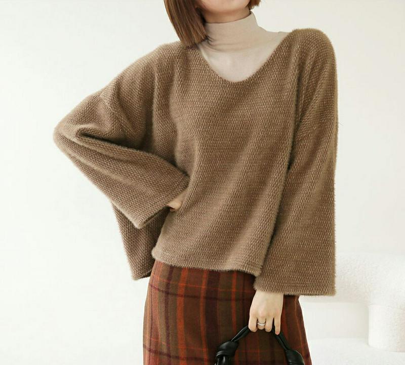 VネックボクシーTシャツ・全3色・t61961 レディース 【tops】【韓国 ファッション トップス ニット 長袖 ルーズ ゆったり 体型カバー 無地 デイリー カジュアル 秋 冬】
