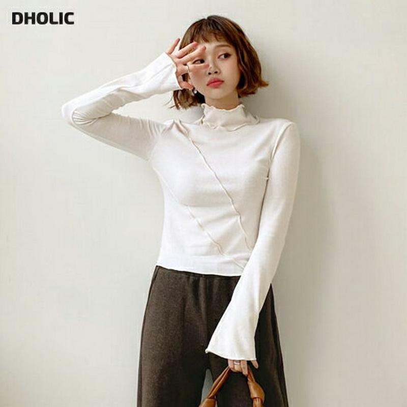 【只今10%OFF】スリムウェーブTシャツ・全4色・t61989 レディース 【tops】【韓国 ファッション トップス Tシャツ カットソー ハイネック ハーフネック 長袖 ベルスリーブ スリム 細身 タイト ロングスリーブ 無地 ユニーク カジュアル 秋 冬】