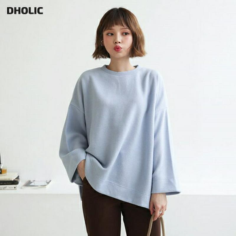 【只今10%OFF】起毛ラウンドボクシーTシャツ・全4色・b61993 レディース 【tops】【韓国 ファッション トップス Tシャツ カットソー ロンT ロング ルーズ ゆったり 体型カバー お尻カバー ラウンドネック 無地 ソフト カジュアル 秋 冬】