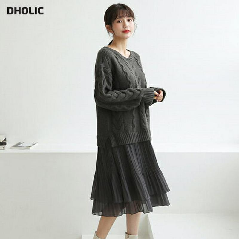 プリーツヘムニットワンピース・全4色・e61998 レディース 【ops】【韓国 ファッション ワンピース ロング Hライン ラウンドネック 長袖 ニット シフォン 異素材ミックス ルーズ ゆったり カジュアル 秋 冬】