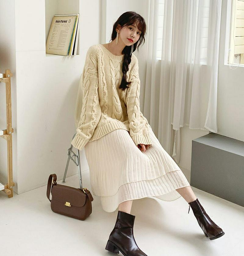 プリーツヘムニットワンピース・全4色・e61998 レディース 【ops】【韓国 ファッション ワンピース ロング Hライン ラウンドネック 長袖 ニット シフォン 異素材ミックス ルーズ ゆったり カジュアル 秋 冬】