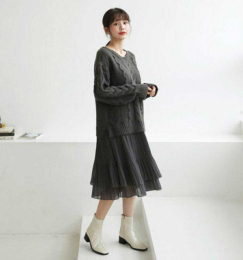 プリーツヘムニットワンピース・全4色・e61998 レディース 【ops】【韓国 ファッション ワンピース ロング Hライン ラウンドネック 長袖 ニット シフォン 異素材ミックス ルーズ ゆったり カジュアル 秋 冬】