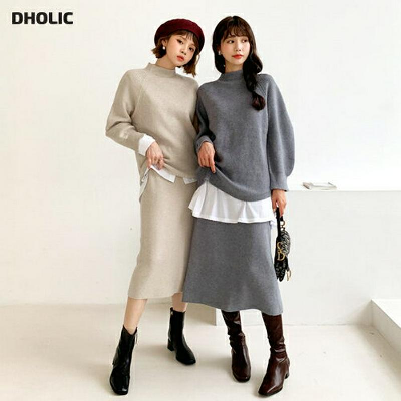 カシミヤ混ニット&スカートSET・全4色・t61971 レディース 【ops】【韓国 ファッション セットアップ 上下セット ニット ハーフネック モックネック 長袖 スカート ロング Hライン ミモレスカート リブニット カジュアル 秋 冬】