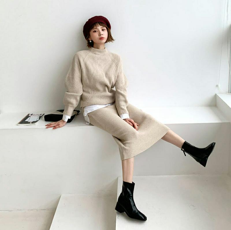 カシミヤ混ニット&スカートSET・全4色・t61971 レディース 【ops】【韓国 ファッション セットアップ 上下セット ニット ハーフネック モックネック 長袖 スカート ロング Hライン ミモレスカート リブニット カジュアル 秋 冬】