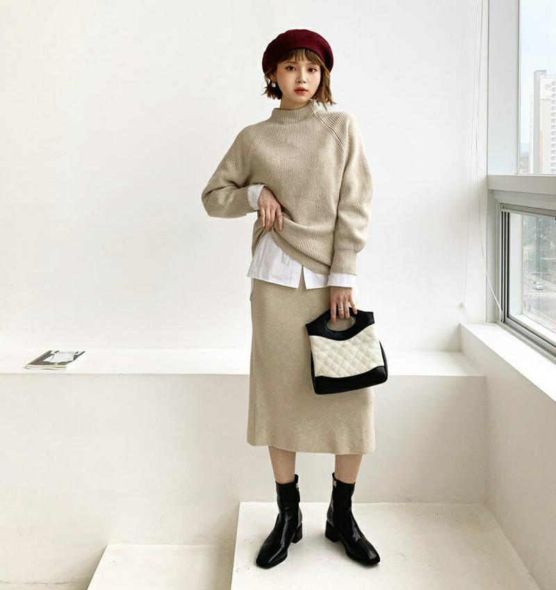 カシミヤ混ニット&スカートSET・全4色・t61971 レディース 【ops】【韓国 ファッション セットアップ 上下セット ニット ハーフネック モックネック 長袖 スカート ロング Hライン ミモレスカート リブニット カジュアル 秋 冬】