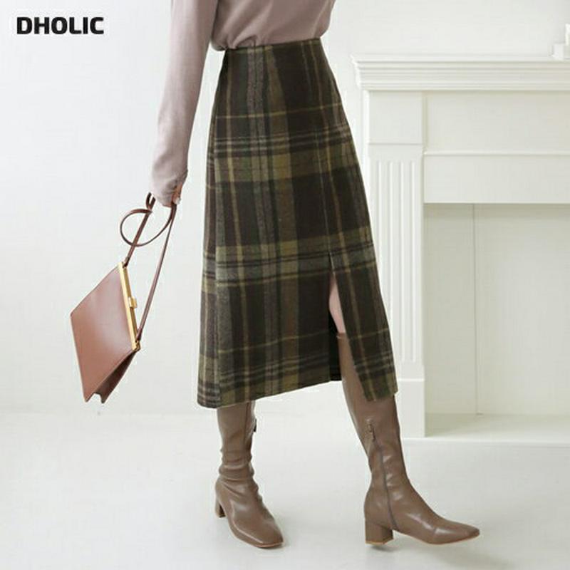 チェックHラインスカート・全2色・t61986 レディース 【sk】【韓国 ファッション ボトムス スカート ロング ミモレスカート フロントスリット スリム 細身 ペンシルスカート ビンテージ レトロ 大人 上品 カジュアル 秋 冬】