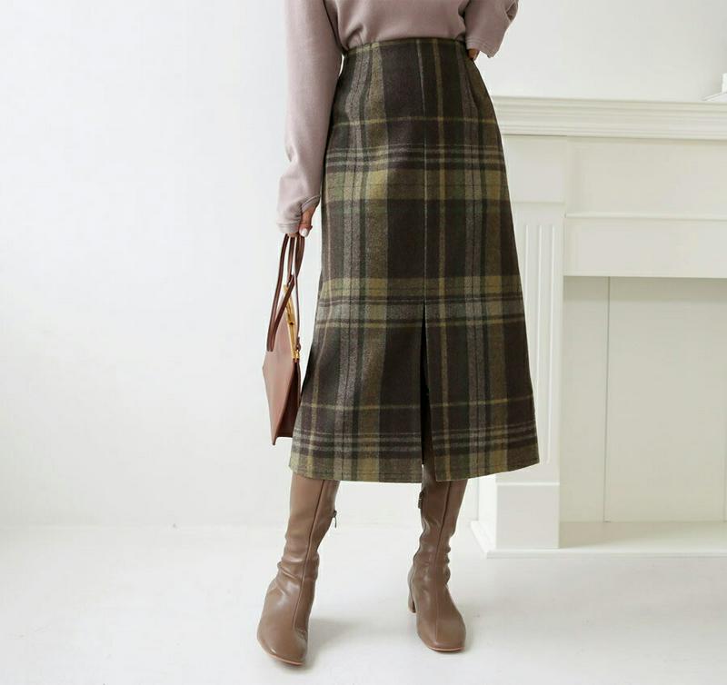 チェックHラインスカート・全2色・t61986 レディース 【sk】【韓国 ファッション ボトムス スカート ロング ミモレスカート フロントスリット スリム 細身 ペンシルスカート ビンテージ レトロ 大人 上品 カジュアル 秋 冬】