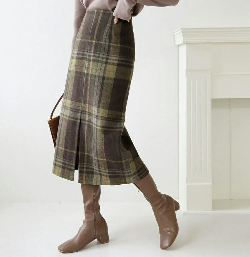 チェックHラインスカート・全2色・t61986 レディース 【sk】【韓国 ファッション ボトムス スカート ロング ミモレスカート フロントスリット スリム 細身 ペンシルスカート ビンテージ レトロ 大人 上品 カジュアル 秋 冬】