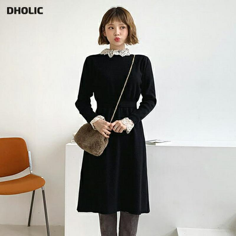 レースヘムニットワンピース・全2色・b62001 レディース 【ops】【韓国 ファッション ワンピース ロング フレア Aライン 膝下 長袖 レースネック モックネック ハーフネック かわいい きれいめ カジュアル 秋 冬】