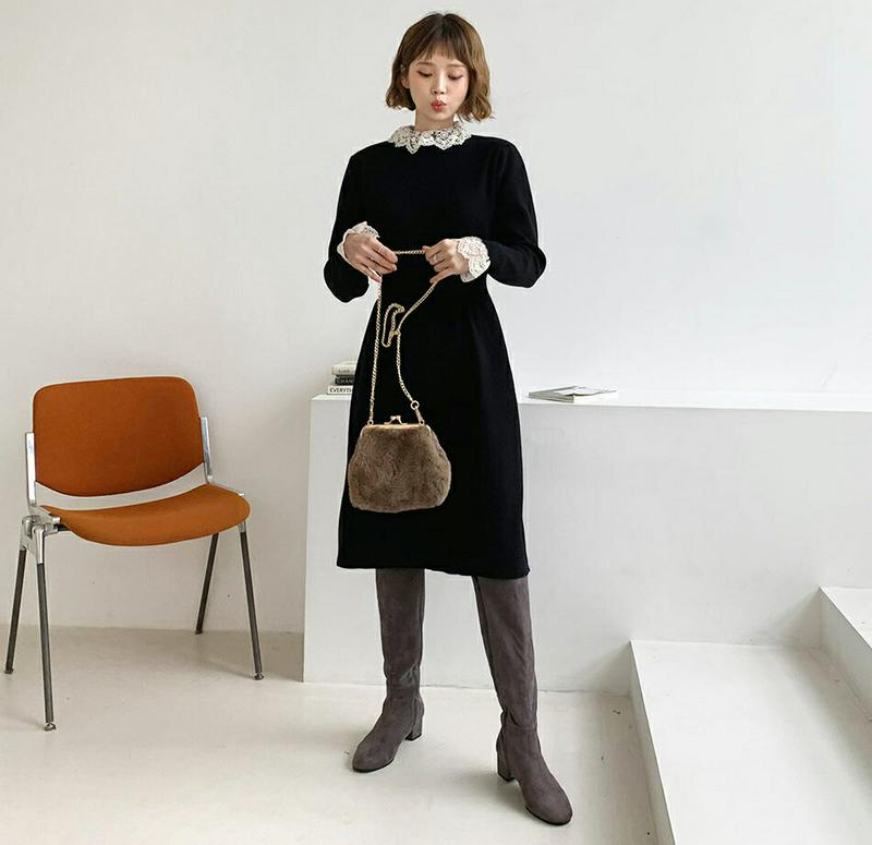 レースヘムニットワンピース・全2色・b62001 レディース 【ops】【韓国 ファッション ワンピース ロング フレア Aライン 膝下 長袖 レースネック モックネック ハーフネック かわいい きれいめ カジュアル 秋 冬】