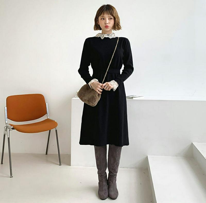 レースヘムニットワンピース・全2色・b62001 レディース 【ops】【韓国 ファッション ワンピース ロング フレア Aライン 膝下 長袖 レースネック モックネック ハーフネック かわいい きれいめ カジュアル 秋 冬】