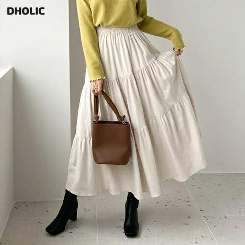 スエード調ティアードスカート・全2色・t65342 レディース 【sk】【スカート ロング ロングスカート ティアード ティアードスカート スエード 単色 無地 シンプル かわいい ウエストゴム 秋 冬 韓国 ファッション】【ハイホリHIHOLLI】