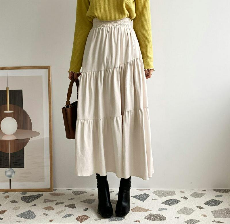 スエード調ティアードスカート・全2色・t65342 レディース 【sk】【スカート ロング ロングスカート ティアード ティアードスカート スエード 単色 無地 シンプル かわいい ウエストゴム 秋 冬 韓国 ファッション】【ハイホリHIHOLLI】