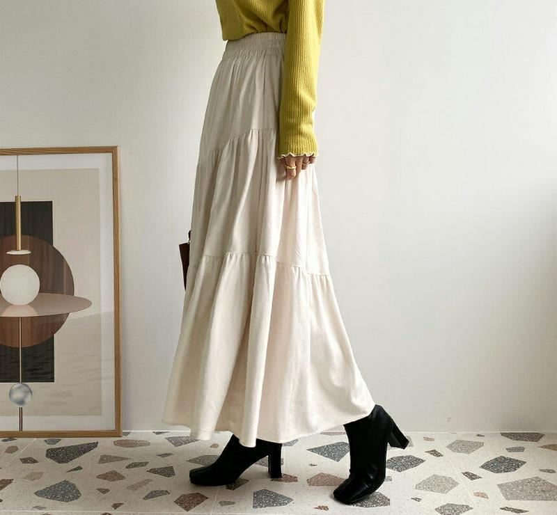 スエード調ティアードスカート・全2色・t65342 レディース 【sk】【スカート ロング ロングスカート ティアード ティアードスカート スエード 単色 無地 シンプル かわいい ウエストゴム 秋 冬 韓国 ファッション】【ハイホリHIHOLLI】