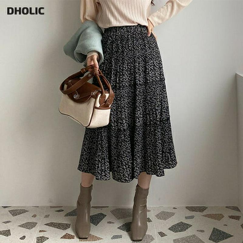 裏起毛フラワースカート・全2色・b65348 レディース 【ops】【スカート ミディ丈 ミディスカート 花柄 フラワー 裏起毛 フェミニン 小花柄 可愛い かわいい ウエストゴム ティアード 揺れ感 冬 韓国 ファッション】【ハイホリHIHOLLI】