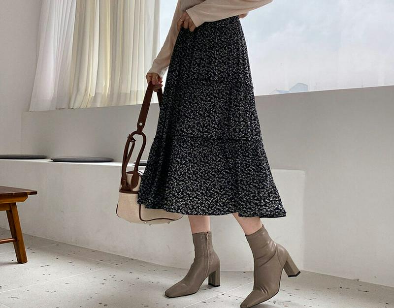 裏起毛フラワースカート・全2色・b65348 レディース 【ops】【スカート ミディ丈 ミディスカート 花柄 フラワー 裏起毛 フェミニン 小花柄 可愛い かわいい ウエストゴム ティアード 揺れ感 冬 韓国 ファッション】【ハイホリHIHOLLI】