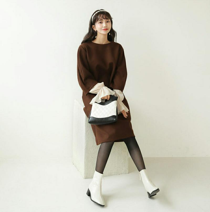 ラウンドパフワンピース・全3色・t62000 レディース 【ops】【韓国 ファッション ワンピース ミディ ミディアム ミドル 膝丈 ラウンドネック 七分袖 7分袖 ルーズ ゆったり Hライン 無地 カジュアル 秋 冬】