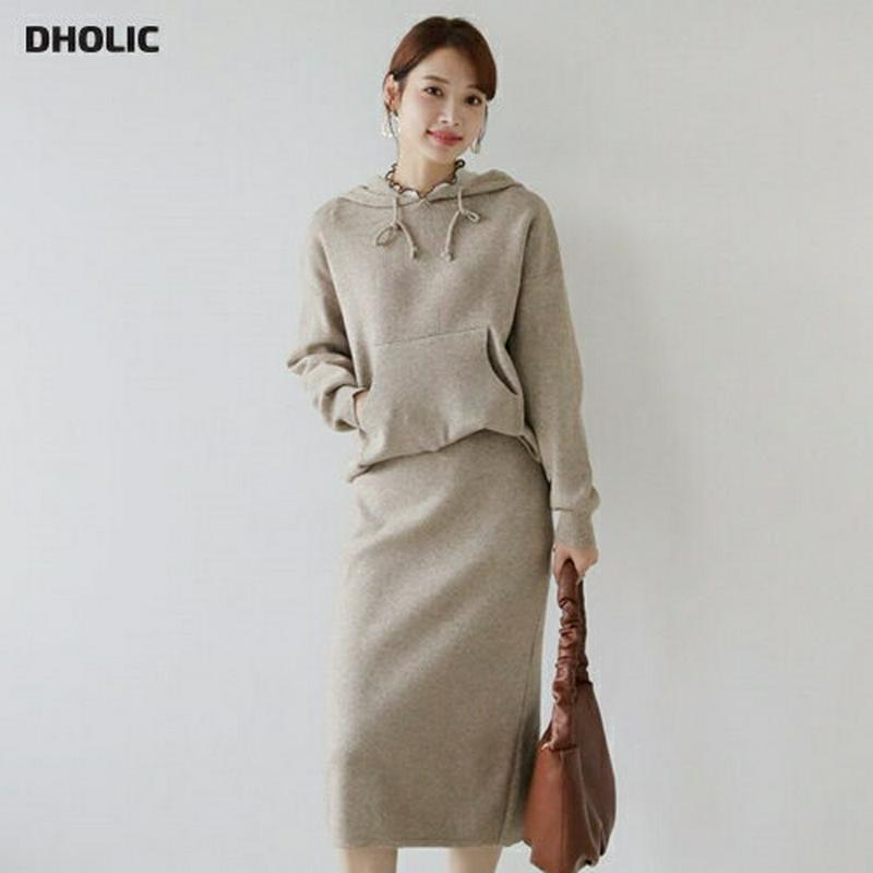 【只今10%OFF】ニットポケットフーディ&スカートSET・全3色・b65337 レディース 【ops】【セットアップ setup トップス ニット ニットパーカー パーカー 長袖 フーディー スカート ミディ丈 ニットスカート 秋 冬 韓国 ファッション】【ハイホリHIHOLLI】