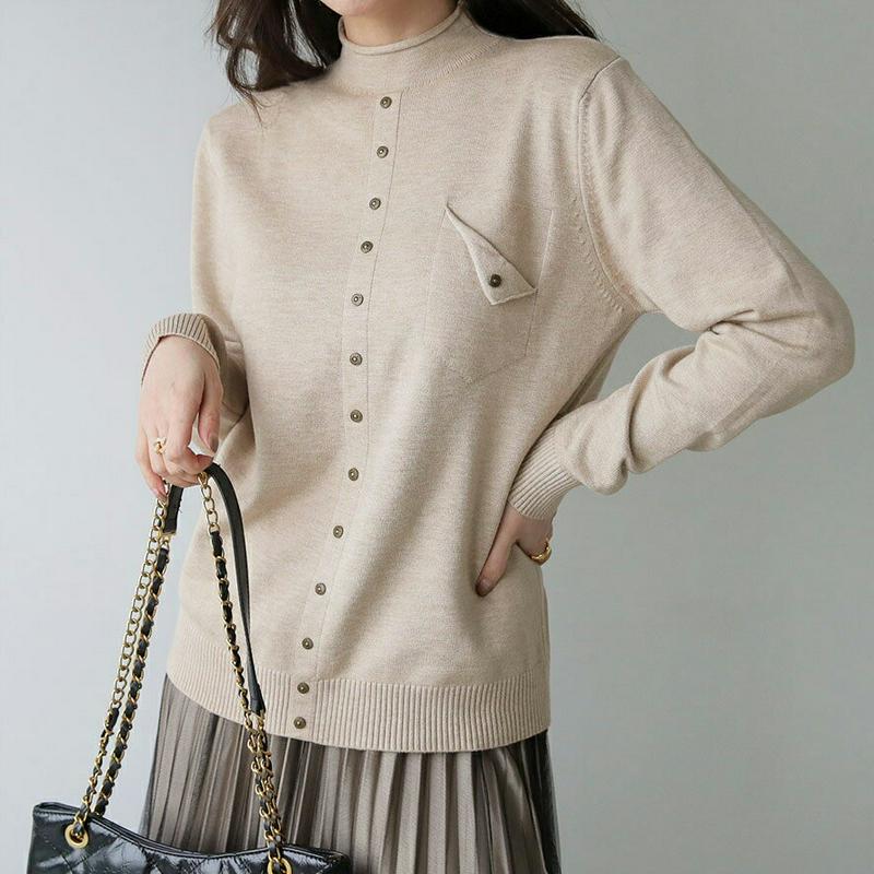 ボタンポケットニット・全4色・b65321 レディース 【tops】【トップス ニット ニットトップス 長袖 単色 無地 ボタン シンプル カジュアル ハーフネック ロールネック 秋 冬 韓国 ファッション】【ハイホリHIHOLLI】