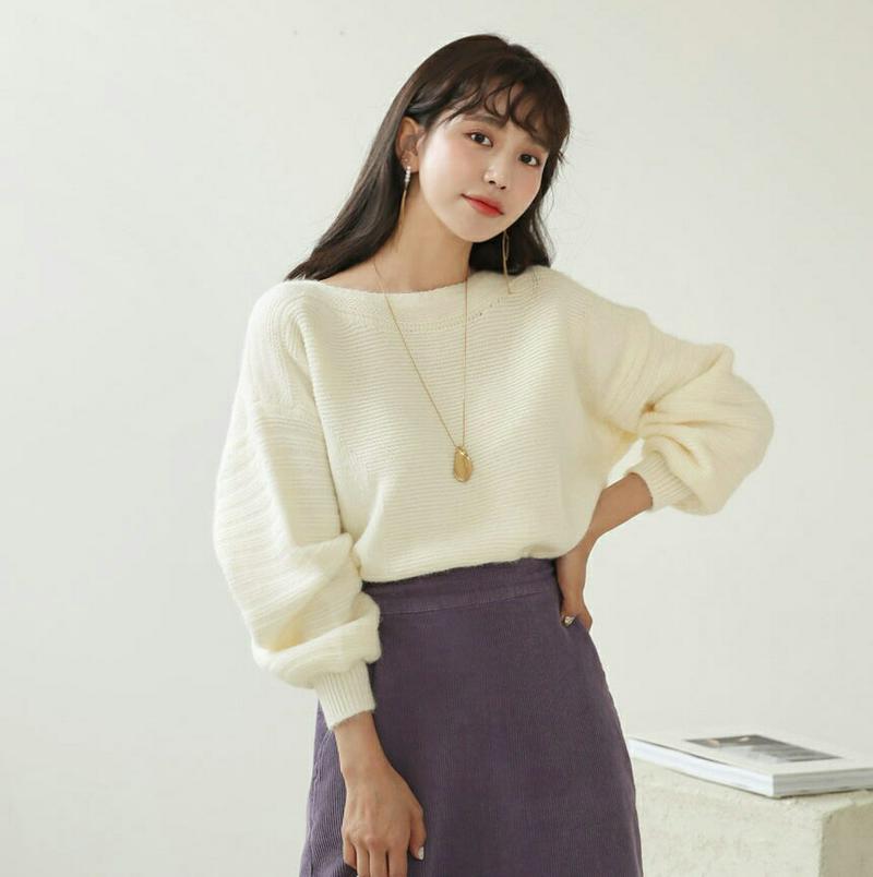 ボートネックパフニット・全3色・e61988 レディース 【tops】【韓国 ファッション トップス ニット 長袖 ルーズ ゆったり ワッフル 無地 デイリー ブークレ シャギー ぼわん袖 パフスリーブ カジュアル 秋 冬】