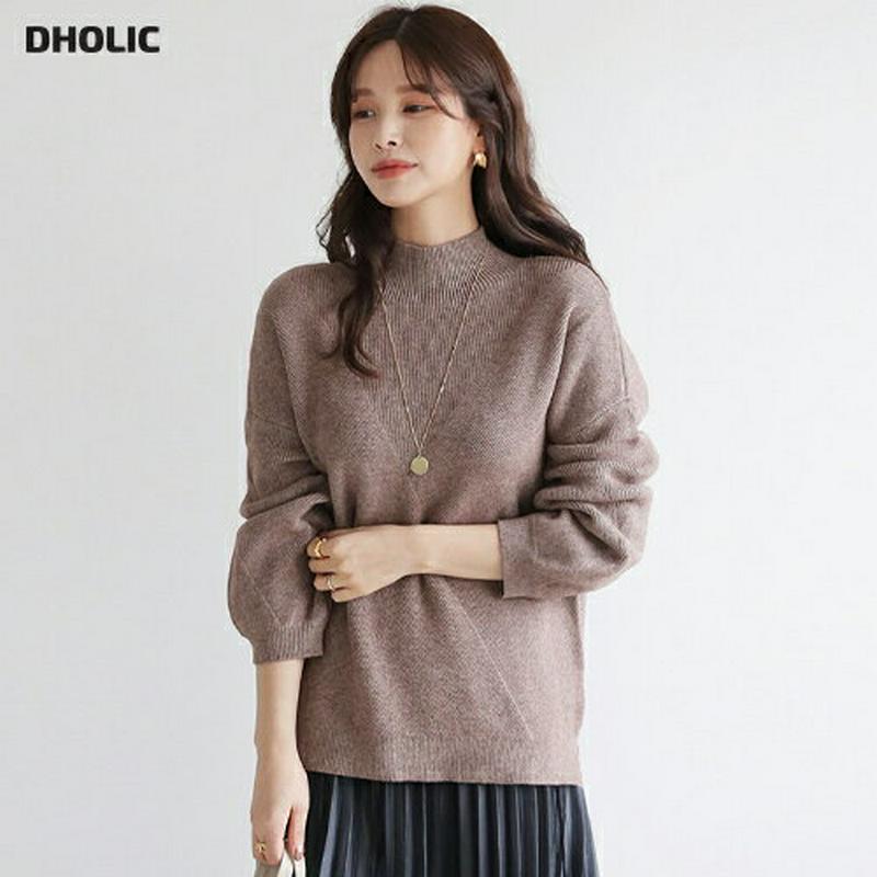 ハーフネックパフニット・全5色・t65319 レディース 【tops】【トップス ニット ニットトップス 長袖 ハーフネック パフスリーブ パフ袖 ボリューム袖 単色 無地 シンプル 体型カバー ゆったり 秋 冬 韓国 ファッション】【ハイホリHIHOLLI】